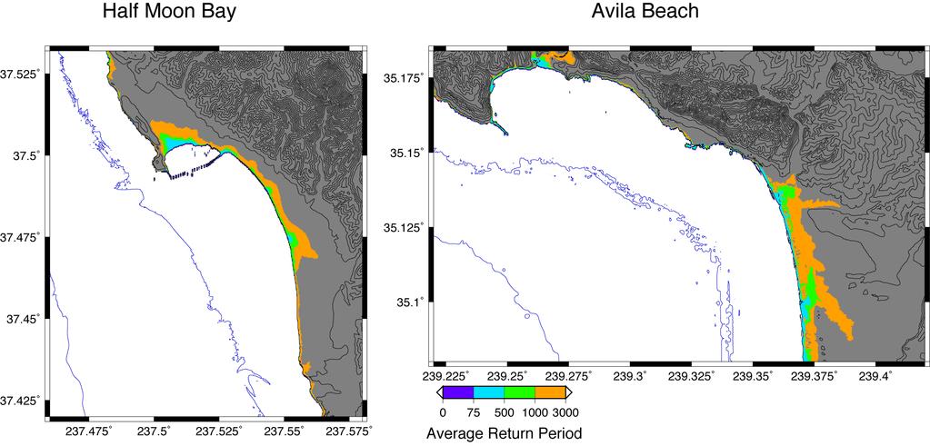 Figure 4.2. Probabilistic inundation map two sites in Central California, Half Moon Bay (left) and Avila Beach (right). At shorter distances, i.e., local faults, this approach is less accurate, and in these situations (particularly for dip-slip events) we will have to resort to complete re-computation of the Green s functions.