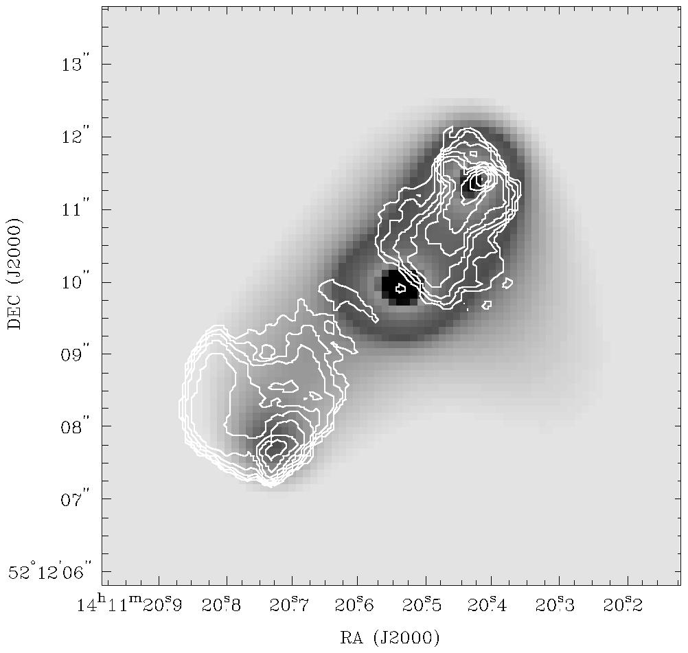 L2 RADIO HOT SPOTS OF 3C 25 Vol. 530 Fig. 1. The 20 cm MERLIN data (contours) overlaid on the ACIS image. The radio contours are logarithmically spaced from 4 mjy to 2.