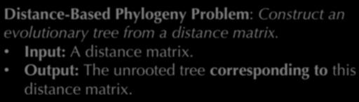 Distance-Based Phylogeny Distance-Based Phylogeny Problem: Construct an evolutionary tree from a distance matrix. Input: A distance matrix.