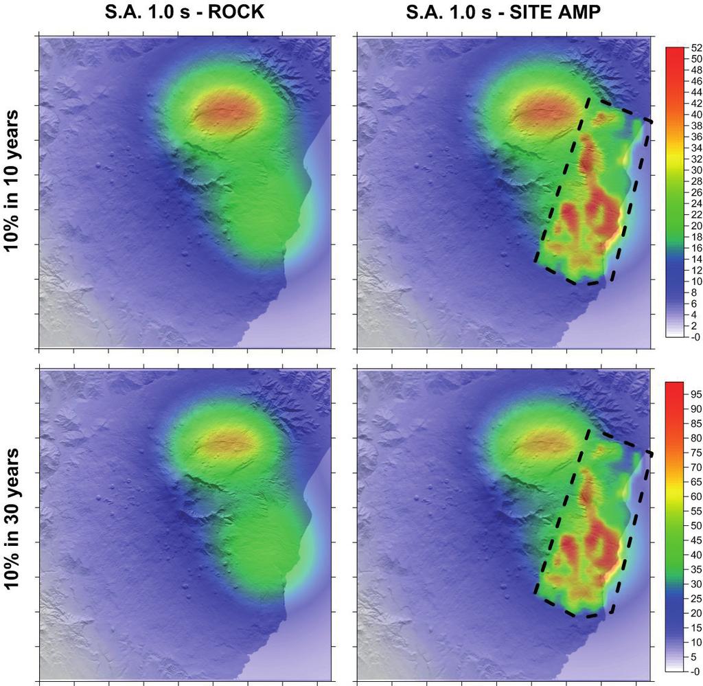 Fig. 3 Seismic hazard maps obtained by using area sources with GR calibrated on instrumental and historical data (Branch 1), GMPE derived ad-hoc for the Etna region (Tusa and Langer, 2015) and