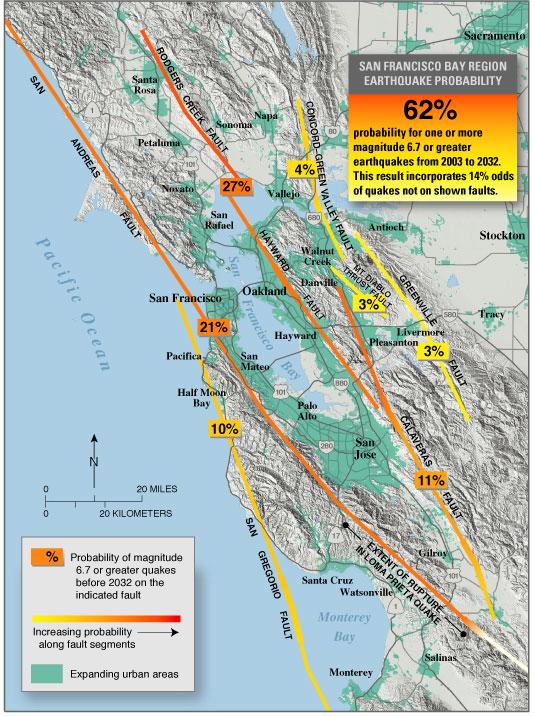 Hazard map developed for the Bay Area along the San Andreas and surrounding faults showing the probability