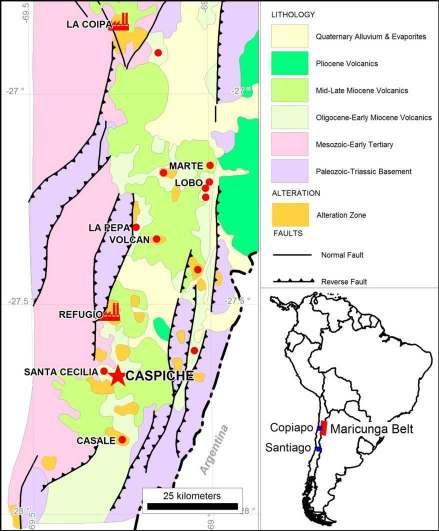 Maricunga Belt, Chile Palaeozoic-Triassic basement Oligocene - Miocene graben hosted volcanics Extensive