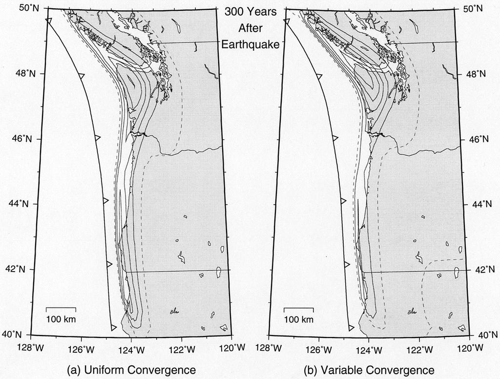 304 K. WANG et al.: CASCADIA 3-D VISCOELASTIC MODEL Fig. 12. Uplift rates at 300 year after the great earthquake for (a) the uniform convergence model and (b) the variable convergence model.