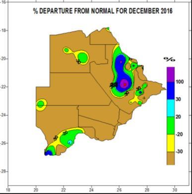 Fig 2: Cumulative rainfall for December 2016 Fig 3: % dep from normal for Dec 2016 Most places recorded below normal rains except for two pockets (southern Kgalagadi and Northern Central) with above