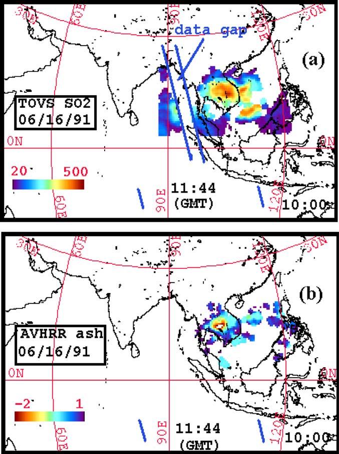 Figure 11. NOAA-12 maps: (a) TOVS SO 2 cloud map and (b) AVHRR BTD (ash cloud) map with atmospheric correction method applied. Latitude and longitude grid spacing is 30.