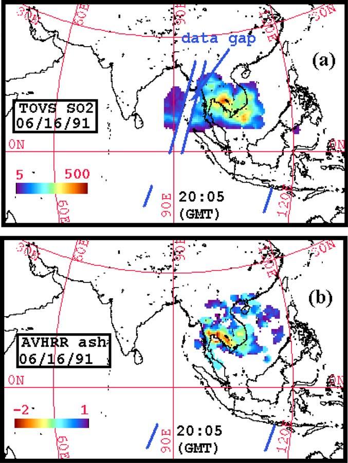 Figure 12. NOAA-11 maps: (a) TOVS SO 2 cloud map and (b) AVHRR BTD (ash cloud) map with atmospheric correction method applied. Latitude and longitude grid spacing is 30.