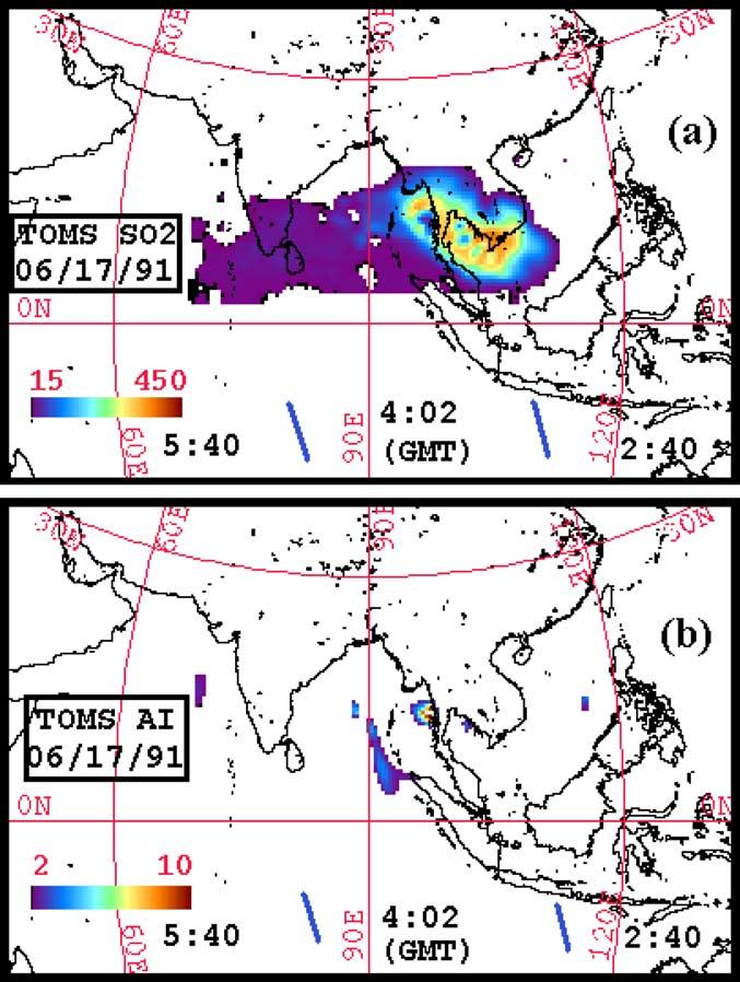 Figure 13. NASA TOMS maps: (a) SO 2 cloud map and (b) AI map.
