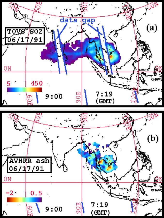 Figure 14. NOAA-11 maps: (a) TOVS SO 2 cloud map and (b) AVHRR BTD (ash cloud) map with atmospheric correction method applied. Latitude and longitude grid spacing is 30.