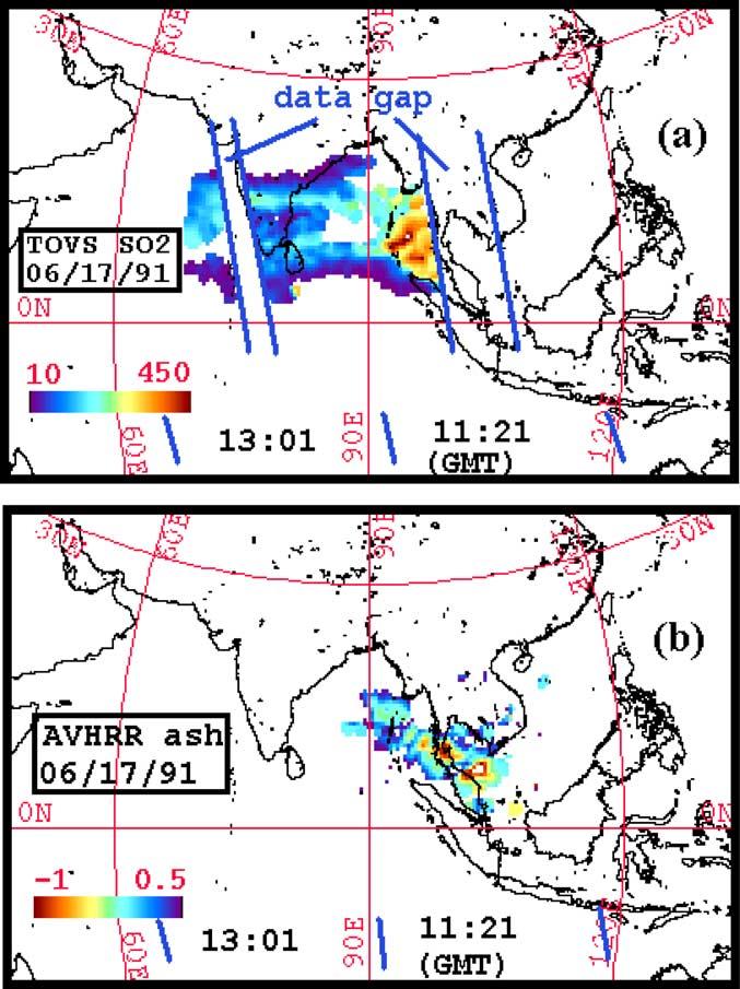 Figure 15. NOAA-12 maps: (a) TOVS SO 2 cloud map and (b) AVHRR BTD (ash cloud) map with atmospheric correction method applied. Latitude and longitude grid spacing is 30.