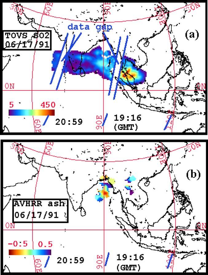 Figure 16. NOAA-11 maps: (a) TOVS SO 2 cloud map and (b) AVHRR BTD (ash cloud) map with atmospheric correction method applied. Latitude and longitude grid spacing is 30.