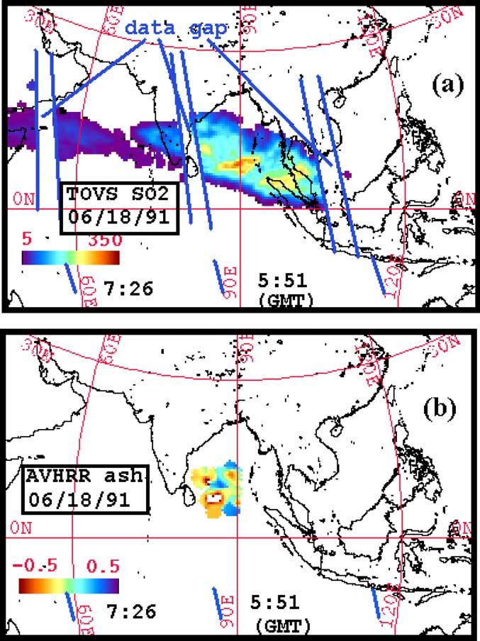 Figure 17. NOAA-11 maps: (a) TOVS SO 2 cloud map and (b) AVHRR BTD (ash cloud) map with atmospheric correction method applied. Latitude and longitude grid spacing is 30.