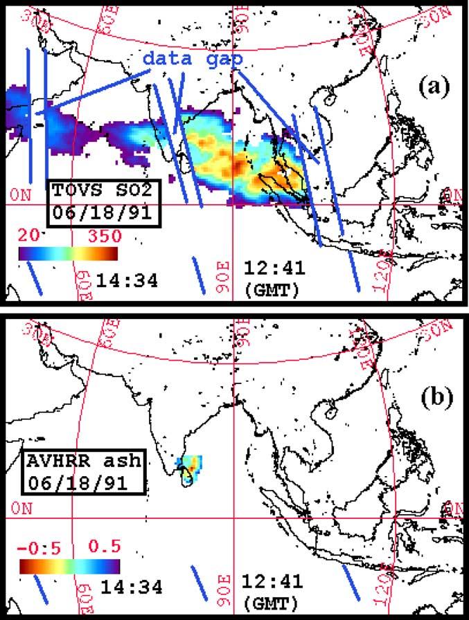 Figure 18. NOAA-12 maps: (a) TOVS SO 2 cloud map and (b) AVHRR BTD (ash cloud) map with atmospheric correction method applied. Latitude and longitude grid spacing is 30.