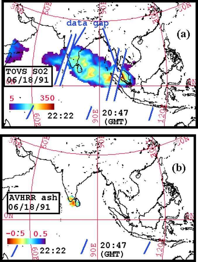Figure 19. NOAA-11 maps: (a) TOVS SO 2 cloud map and (b) AVHRR BTD (ash cloud) map with atmospheric correction method applied. Latitude and longitude grid spacing is 30.