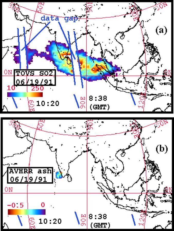 Figure 20. NOAA-11 maps: (a) TOVS SO 2 cloud map and (b) AVHRR BTD (ash cloud) map with atmospheric correction method applied. Latitude and longitude grid spacing is 30.