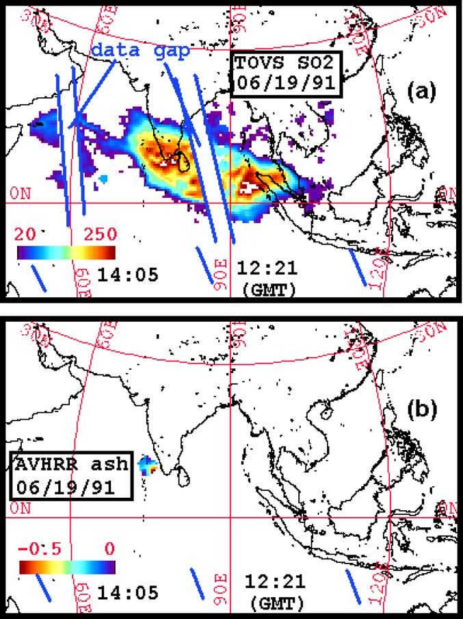 Figure 21. NOAA-12 maps: (a) TOVS SO 2 cloud map and (b) AVHRR BTD (ash cloud) map with atmospheric correction method applied. Latitude and longitude grid spacing is 30.