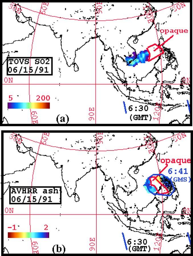 Figure 6. NOAA-11 maps: (a) TOVS SO 2 cloud map and (b) AVHRR BTD (ash cloud) map with atmospheric correction method [Yu et al., 2002] applied. Latitude and longitude grid spacing is 30.