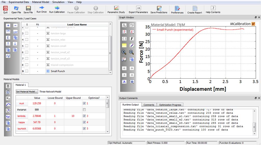 Figure 4. Screen shot of the MCalibration software that was used to calibrate all material models. 5. Results The results from the material model calibrations are shown in Figures 5 to 9.