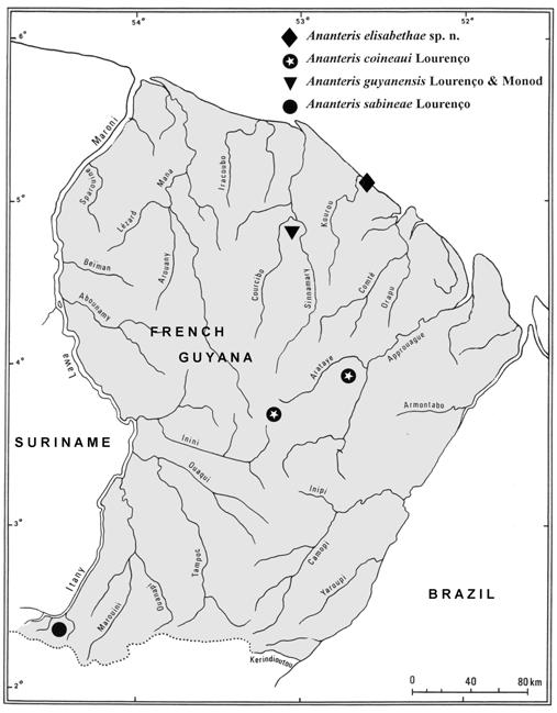 188 Wilson R. Lourenço Fig. 21. Map showing the known distribution of Ananteris species in French Guyana.
