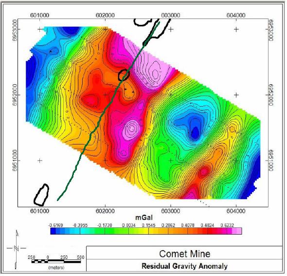 Fig. 4: Residual anomaly map at Comet area, with outlines of the Comet open cut