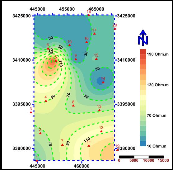 m, the true resistivity values of the forth unit increase mainly to the southeastern part and around VES-5, and decrease towards northwestern, northeastern and southwestern parts of the study area