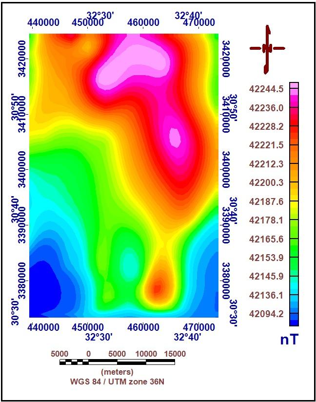 In other parts are moderate magnetic anomaly which have value between (42225.9 nt 42143.9 nt). Magnetic data interpretation A general outlook to the reduced to the magnetic pole map (Fig.