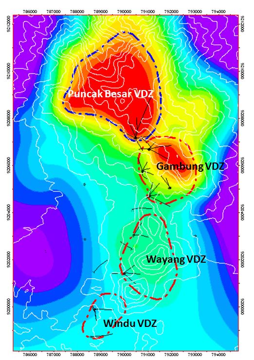 Figure 5. Estimated boundary of several vapordominated zones (VDZ) in Wayang Windu.