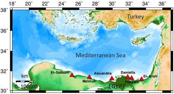 TSUNAMI SOURCE MODELS Figure 2. Distribution of assumed tide gauge stations along the Egyptian coast. We modeled all possible sources that would occur in the eastern Mediterranean region.