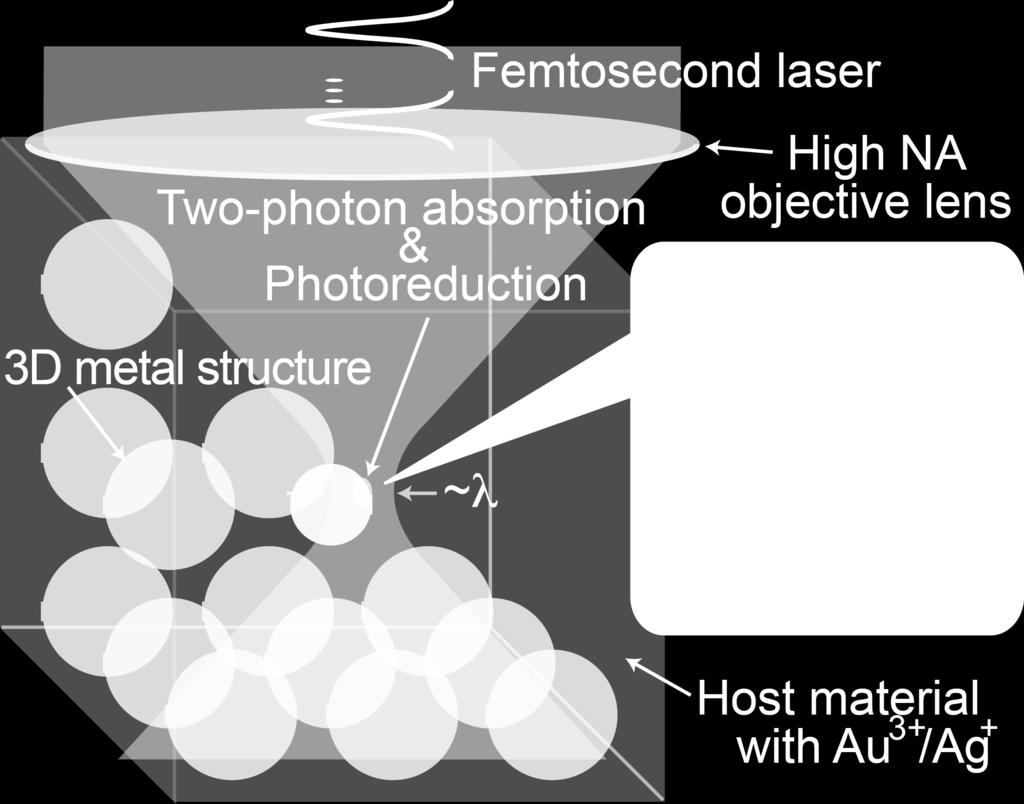 jp We propose a novel laser fabrication technique based on two-photon-induced reduction of metal ions for 3D metallic micro/nanostructures.