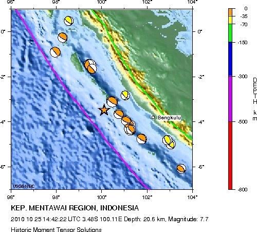 2010/10/25 14:42(UTC) Sumatra (Mw=7.7) At least 340 people killed and 330 missing from the earthquake and tsunami with maximum height of 7meters. Felt (III) at Bukittinggi and Padang, Sumatra.