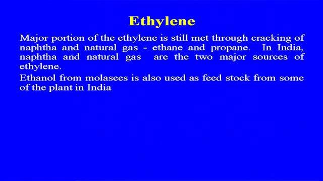 (Refer Slide Time: 11:32) So, as I told you, major portion of the ethylene is still met through the cracking of the naphtha and natural gas, ethane and propane.