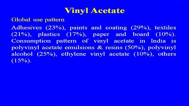 (Refer Slide Time: 33:09) So, it is one of the very important derivatives of ethylene, which is used as intermediate for manufacture of the poly vinyl chloride, poly vinyl acetate, poly vinyl butyral.