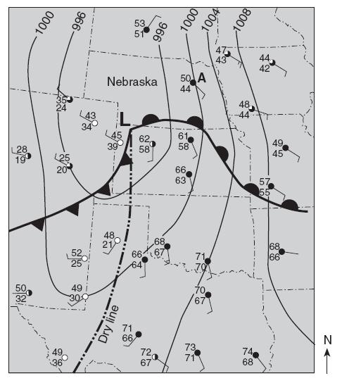 Base your answers to the following questions (40 43) on the information and weather map below. The weather map shows the center of a low-pressure system.