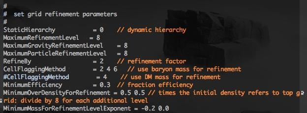 Overdensity criteria Very important: Must divide the baryon and DM mass refinement criteria by a factor of 8 n, where n := maximum initial level e.g.