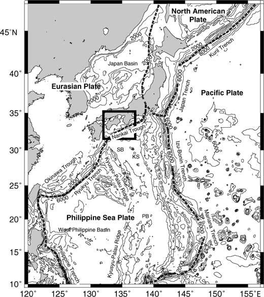 816 S. Kodaira et al. Figure 1. Map showing the area around Japan. The contour interval of water depth is 2000 m. Thick dashed lines indicate plate boundaries.