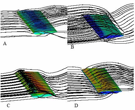 Root Fig 1: 3D flow structure and pressure distribution on the wing surface at time instants (A: t=0.0t, B: t=0.5t, C: t=0.5t, D: t=0.75t) (413xAD case) IV.