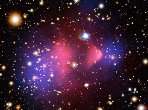 The Bullet Cluster Dark matter predicted not to interact with ordinary matter, or itself, except through gravity. Gas clouds, by contrast, can run into each other.