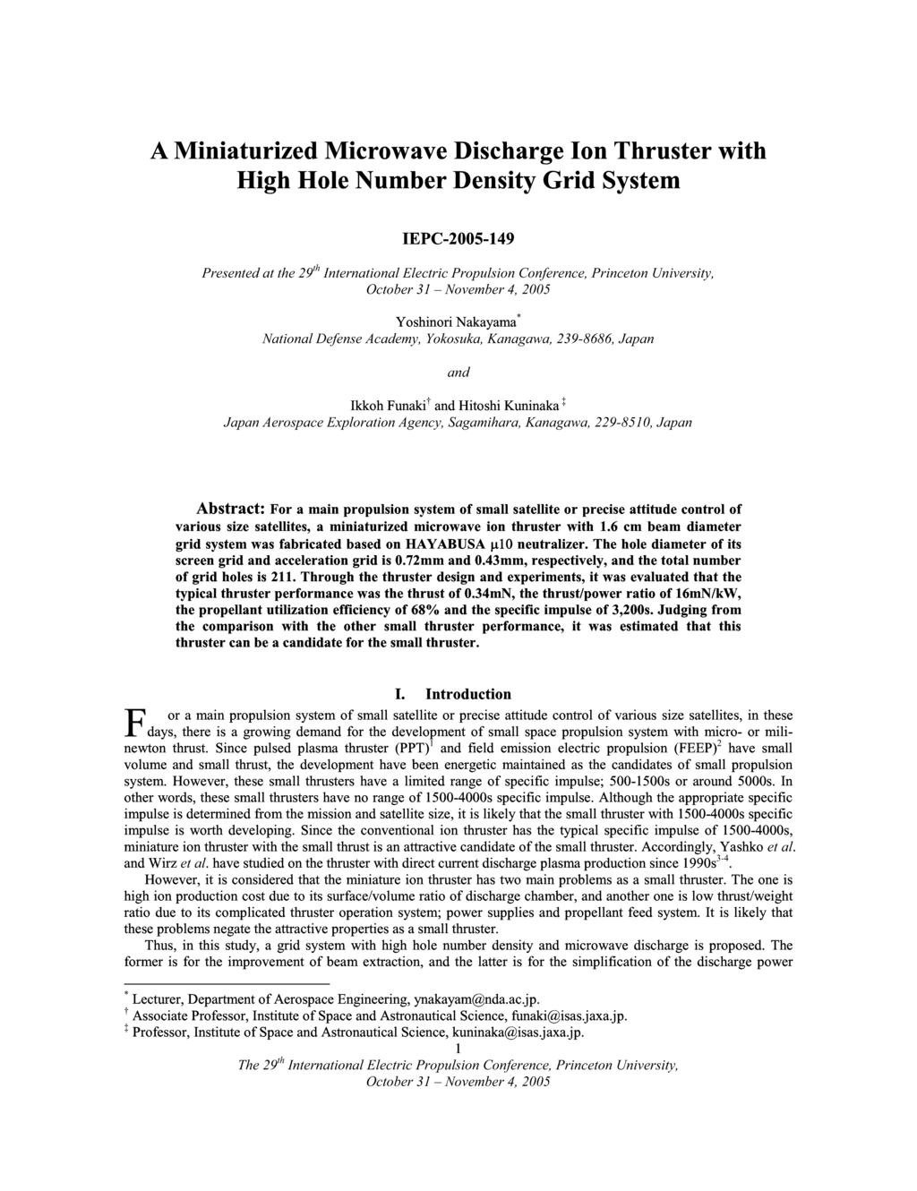 A Miniaturized Microwave Discharge Ion Thruster with High Hole Number Density Grid System IEPC-2005-149 Presented at the 29 th International Electric Propulsion Conference, Princeton University,
