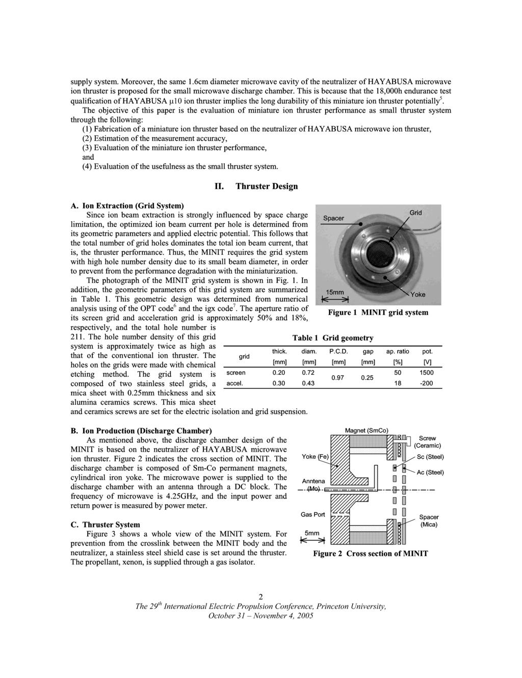 supply system. Moreover, the same 1.6cm diameter microwave cavity of the neutralizer of HAYABUSA microwave ion thruster is proposed for the small microwave discharge chamber.