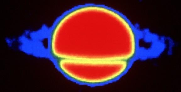Saturn imaged with the Very Large Array 1982 01 25 Red hot, blue cool.