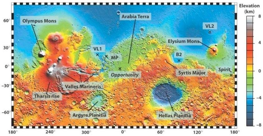 Topography of Mars Fewer craters in