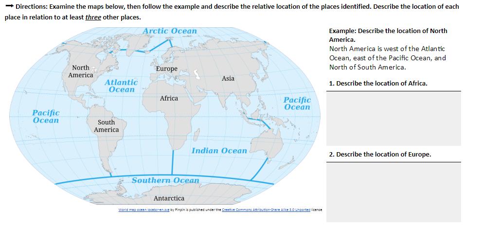 Practice Using Relative Location To describe the relative location of a place, geographers and historians often use directional words like North, South, East, West, Northwest, Northeast, Southwest,