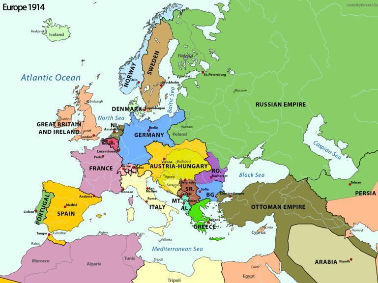 Map of Europe in 1914 at the start of World War I 6. Describe the location of Germany. 7. Describe the location of France. 8.