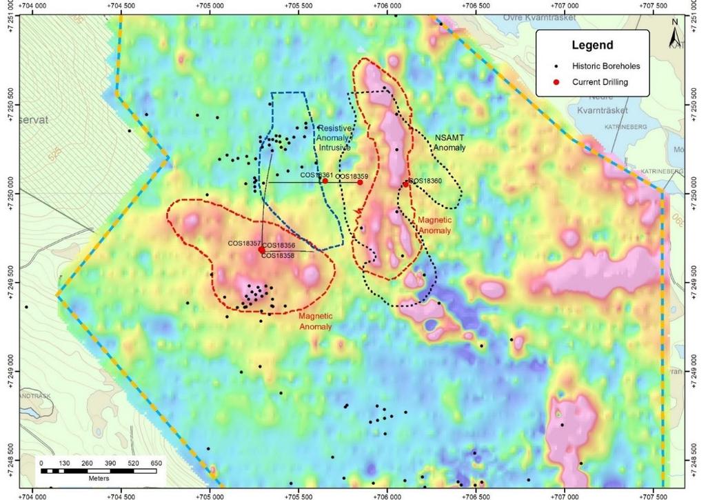 Western margin of intrusive that may be mineralised as shown by drillhole COS18359 Contact margin associated with NSAMT conductivity that may be variably mineralised as shown by drillhole COS06331
