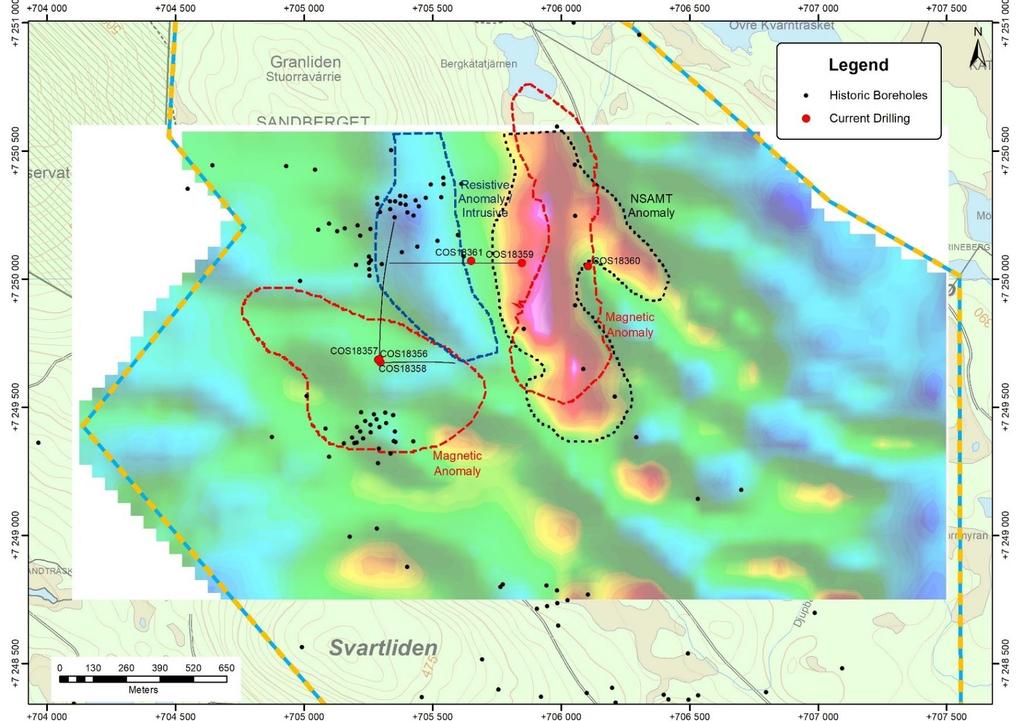 Figure 3: Outline of NSAMT and Magnetic Anomalies overlying NSAMT 100m