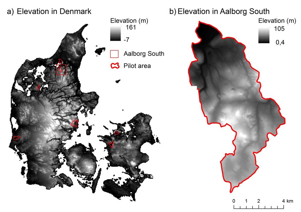 2.3. Terrain The elevation in Aalborg south varies from 0.4 to 105 meters above the sea level (map 1) and the slope of the terrain from 0 to 14 degrees (map 2).