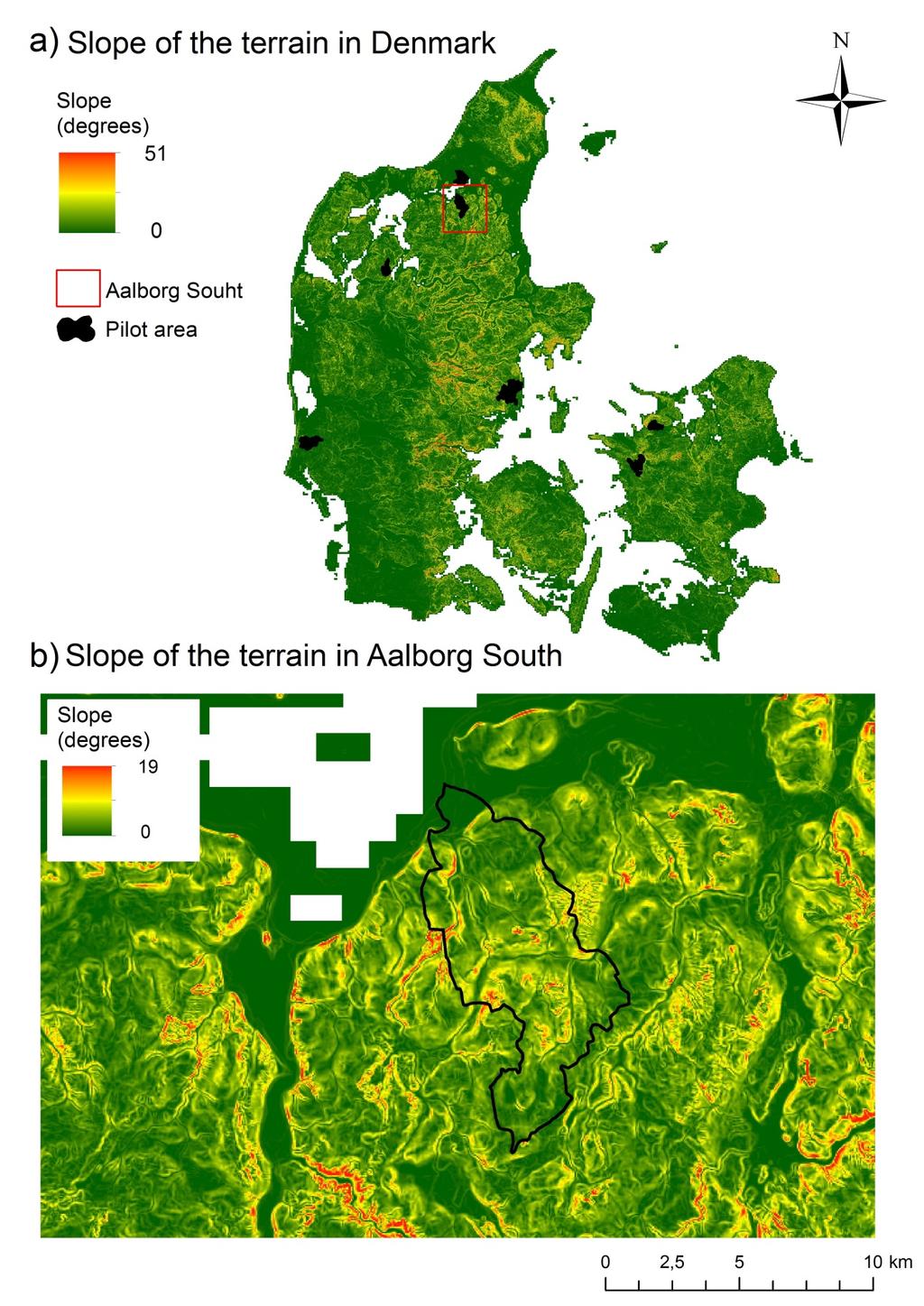 Map 2: Slope of the terrain in Denmark (a) and in the