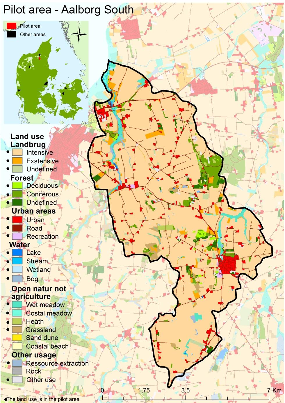 2.1. Land use The main land use in Aalborg south is agriculture (78.8 %) followed by nature areas outside agriculture such as forest, open nature, and water (11.7 %) and urban areas (8.