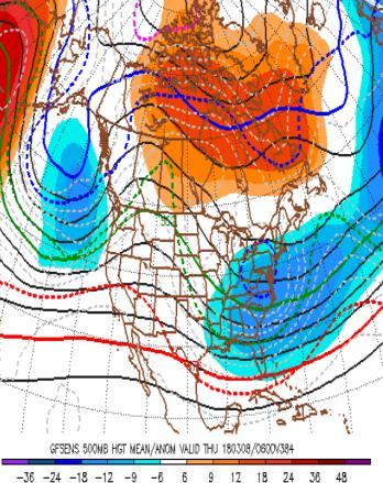This is shown best on the combined GEFS and GEPS 500mb output on the bottom left, where we see shockingly strong agreement between the two models on how the pattern is likely to