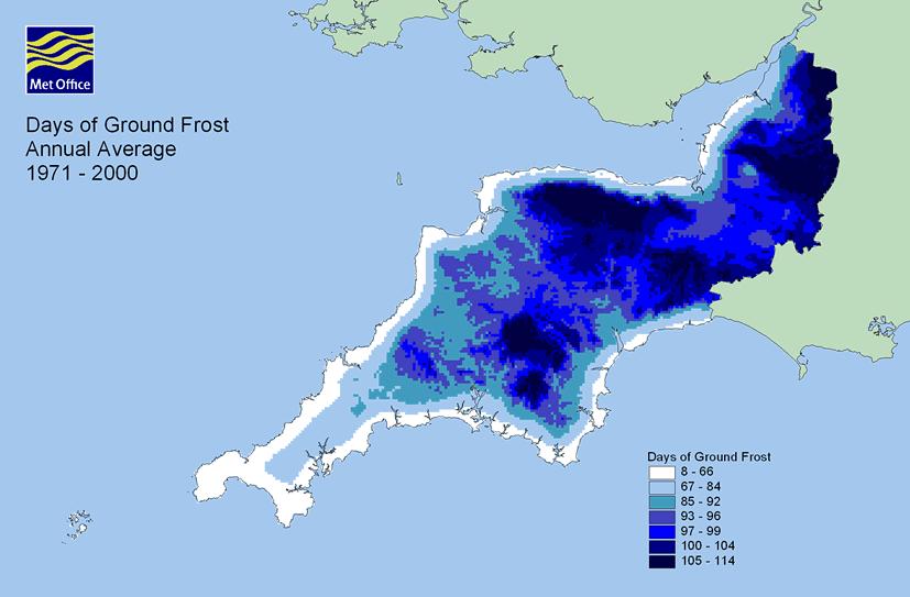 Figure 7. Map showing the 30-year (1971-2000) average annual number of days of air frost.