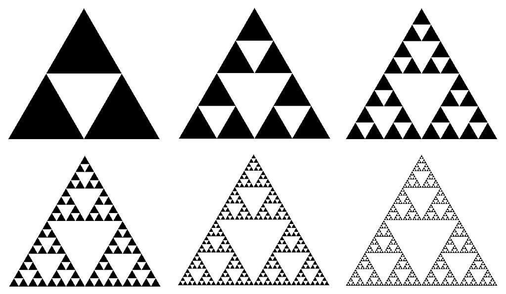 4.3 Računanje fraktalov iz iterativnega funkcijskega sistema 39 Slika 4.6: Trikotnik Sierpinskega dobljen z determinističnim algoritmom. Začetna množica A 0 je enakostranični trikotnik.